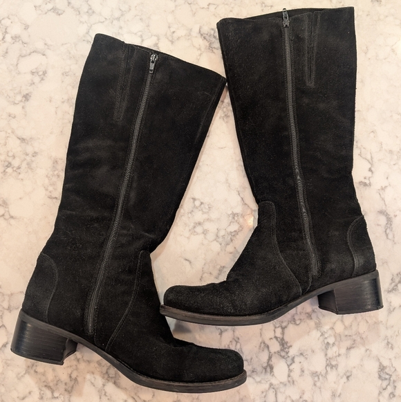 Vintage La CANADIENNE 🇨🇦 Black Waterproof Suede Knee High Stacked Heel Boots - Picture 2 of 9